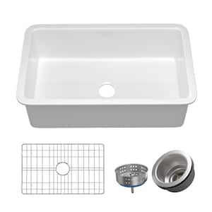 White Rectangular Fireclay 32 in. Single Bowl Undermount/Drop-In Kitchen Sink with Basket Strainer and Sink Grid