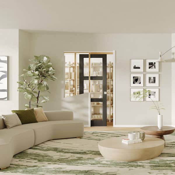 32 in. x 80 in. 3 Lite Clear Glass Black PVC Covering MDF Wood Pocket Door with Lock, Soft Close & Frame Kit, glass door