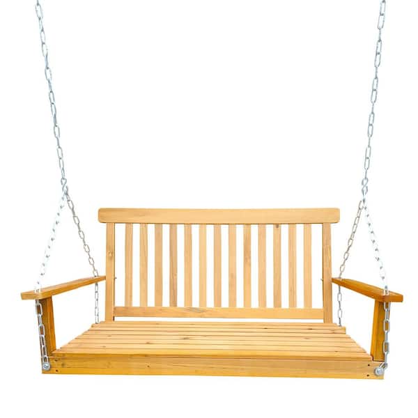 Teak Front Porch Swing with Armrests, Wood Porch Swing with Hanging Chains, for Outdoor Patio, Garden Yard, Porch