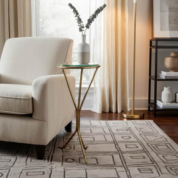 10.5 in. Gold Round Recycled Glass Top Metal End Table