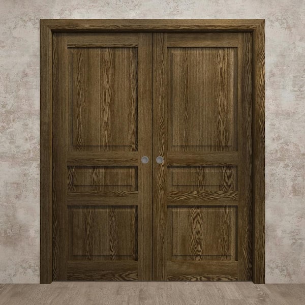 64 in. x 80 in. Marble Oak Solid Wood Double Pocket Doors with Hardware