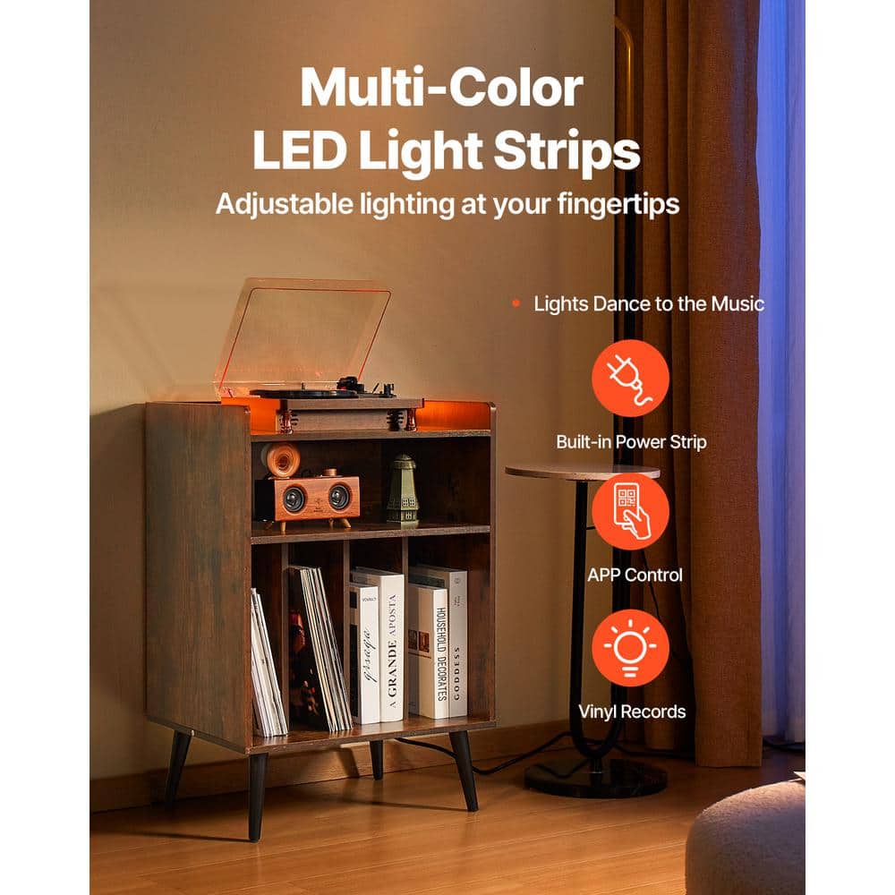 Brown Wood 3-Tier Record Player Stand with LED Light and USB Ports