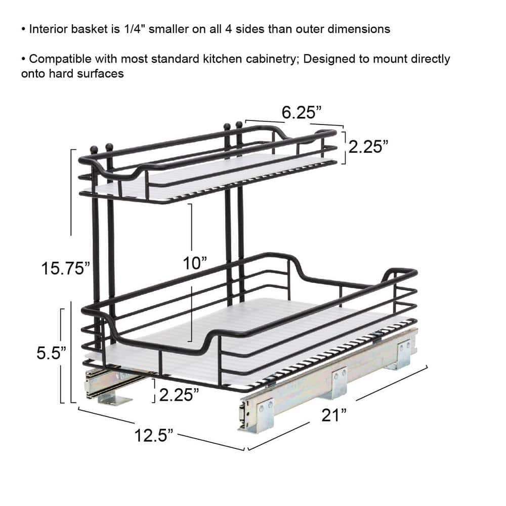 Black Steel 2-Tier Under Sink Storage Organizer with Plastic Liners