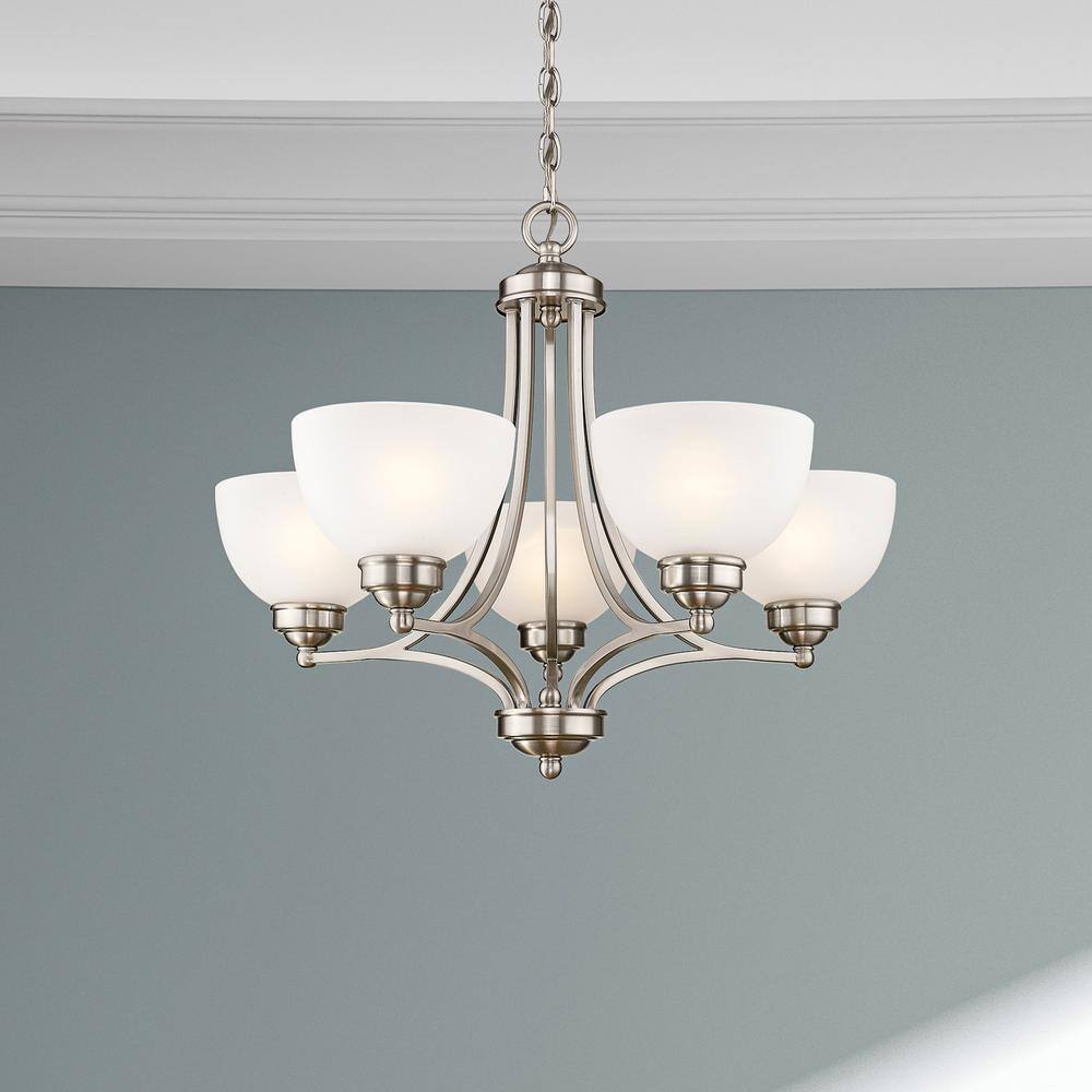 25" Brushed Nickel and Satin Glass 5-Light Chandelier