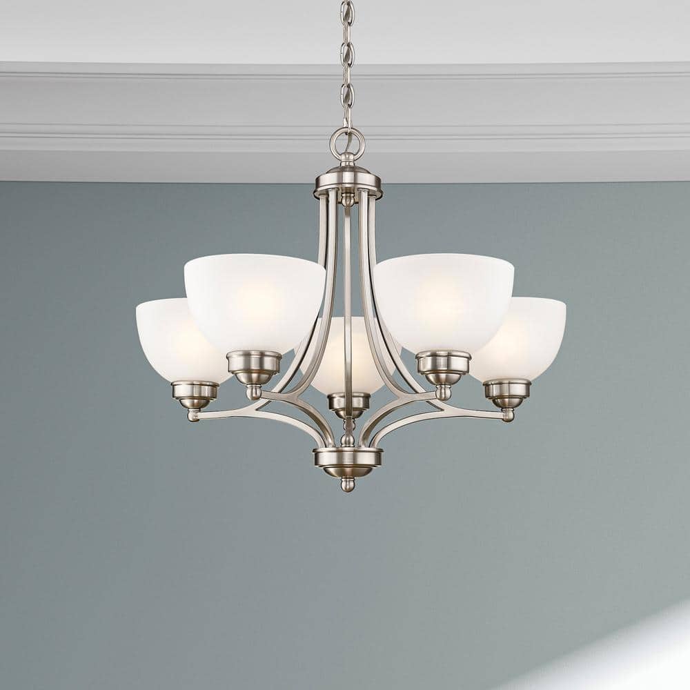25" Brushed Nickel and Satin Glass 5-Light Chandelier