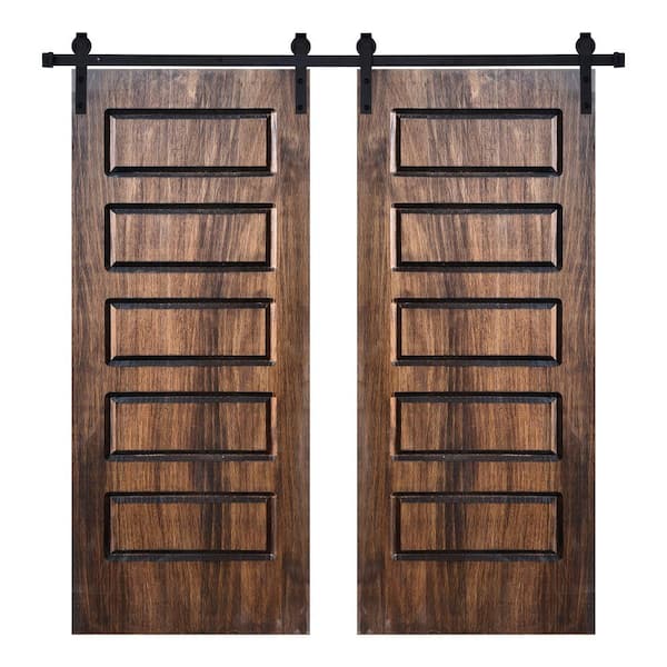 Modern 5-Panel Designed 72 in. x 96 in. Panel Dark Walnut Brown Painted Wood Double Sliding Barn Door with Hardware Kit