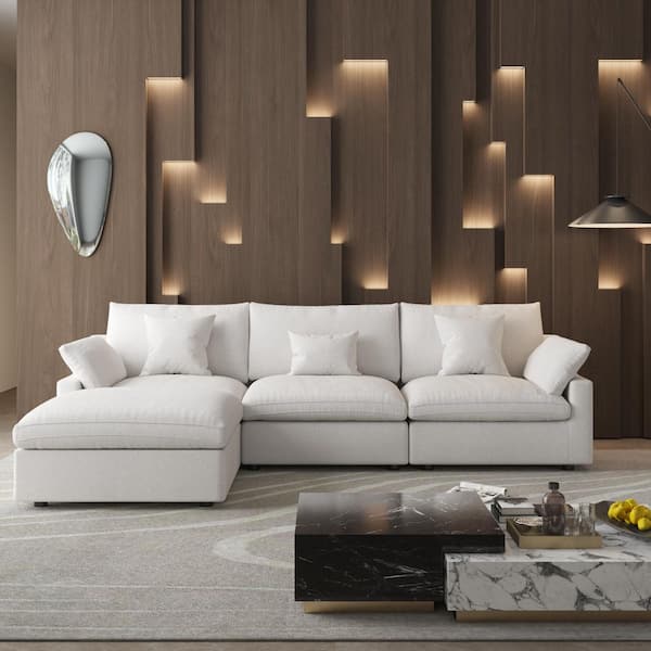 4-Piece Linen L Shaped Sectional Sofa Living Room Set Modular Free Combination Couch White with Storage Ottoman
