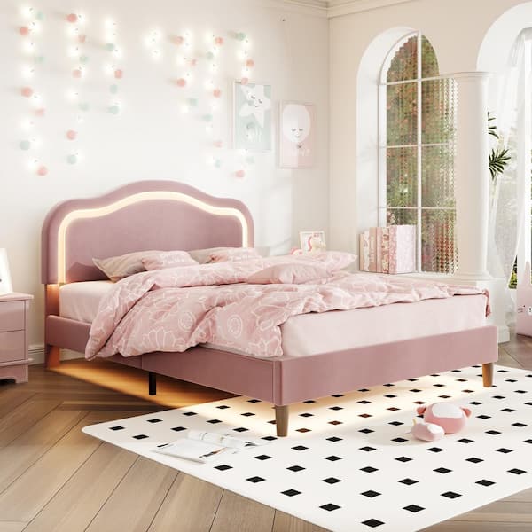 Harper & Bright Designs Pink Wood Frame Queen Size Velvet Platform Bed with Adjustable Height Headboard and LED Bed Frame