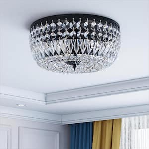 Portland 11.8 in. Black Modern Glam 3-Light Flush Mount with Clear Crystal Shade