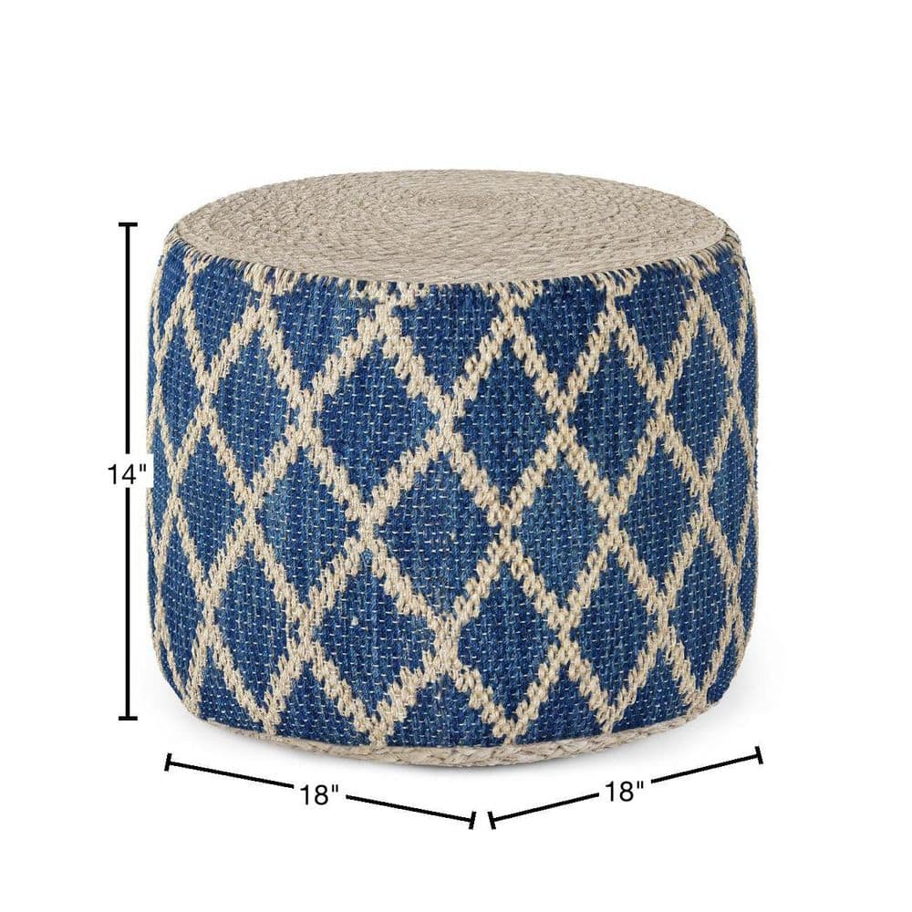 Classic Blue and Natural Woven Jute Round Pouf