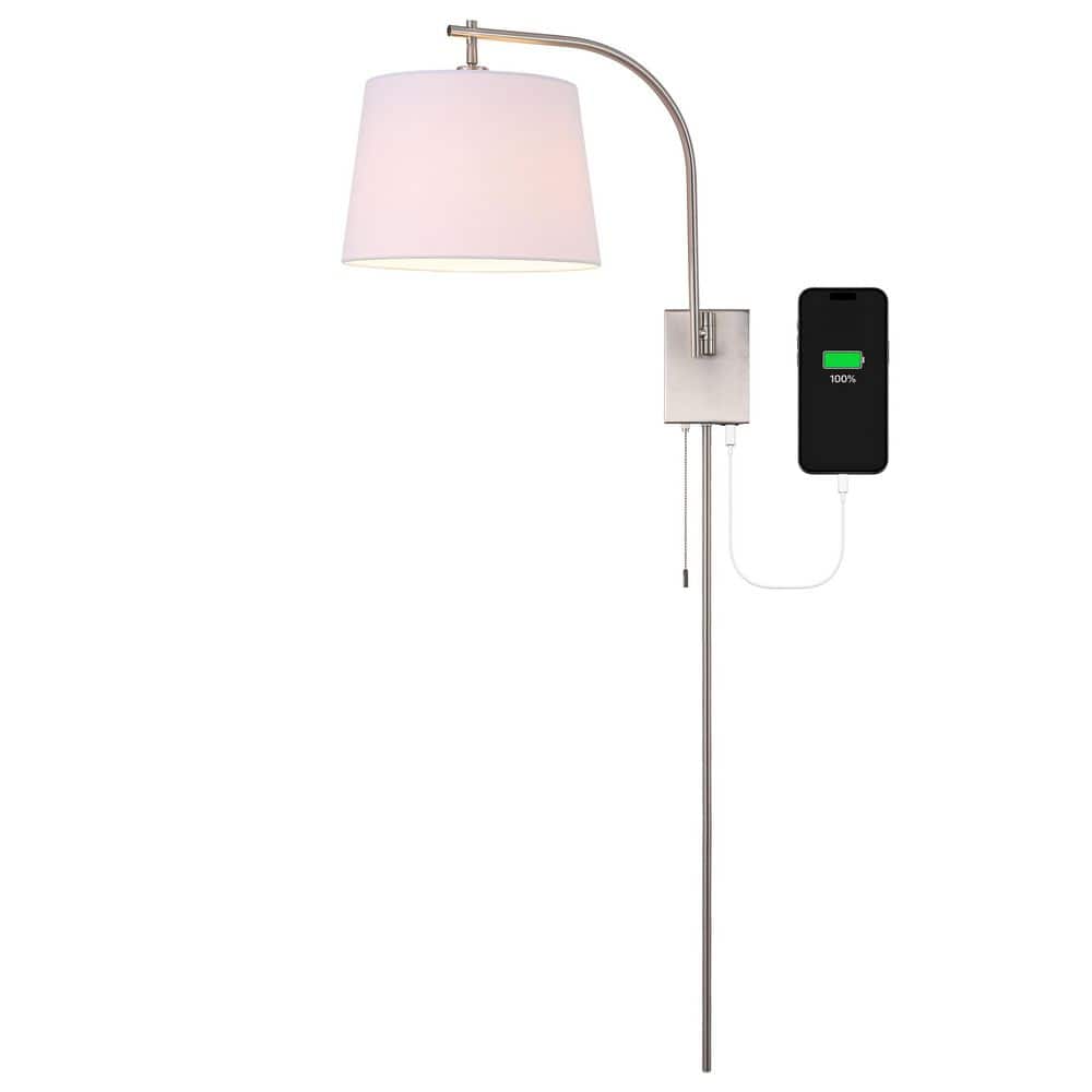 Gosling 22.5 in. 1-Light Nickel Gooseneck Swing Arm USB Charging Ports Plug-In/Hardwired LED Wall Sconce