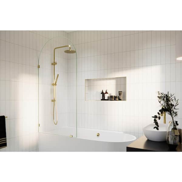Glass Warehouse Venus 34 in. W x 66.75 in. H Single Fixed Frameless Arched Tub Door in Polished Brass without Handle