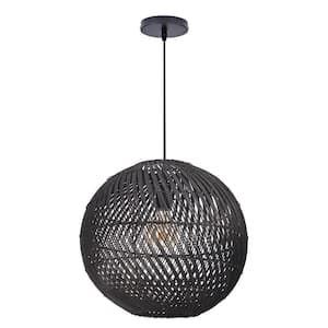 1 Light Black Hand-Woven Rattan Pendant Light with Sphere Shape, No Bulbs Included 24 in.