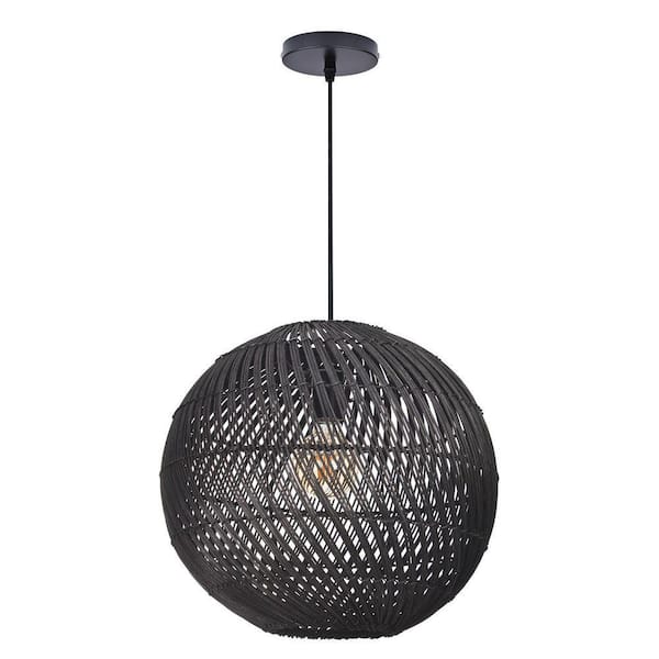1 Light Black Hand-Woven Rattan Pendant Light with Sphere Shape, No Bulbs Included 24 in.