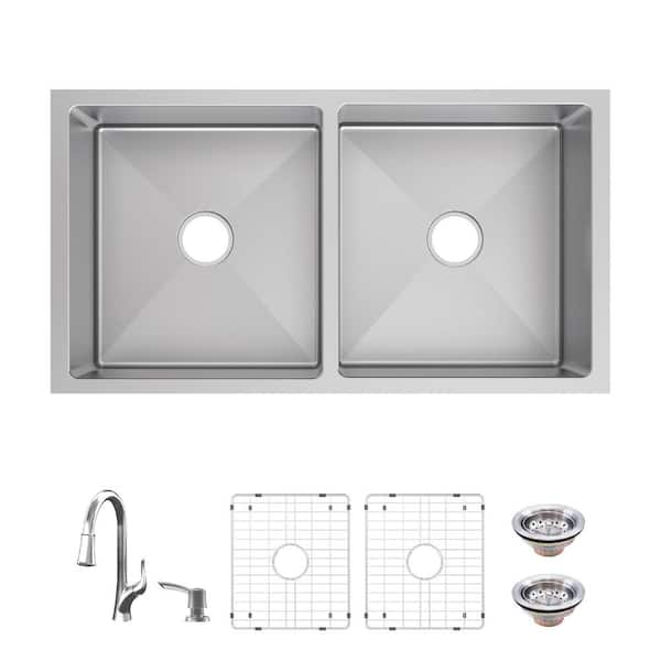Glacier Bay Tight Radius 36 in. Undermount 50/50 Double Bowl 18 Gauge Stainless Steel Kitchen Sink with Pull-Down Faucet