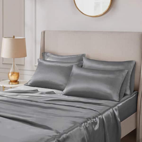 Madison Park Satin 6-Piece Grey Solid Polyester Queen Luxury Sheet Set