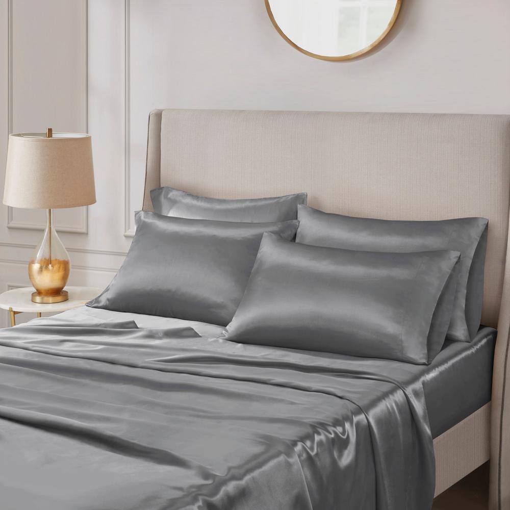 Madison Park Satin 6Piece Grey Solid Polyester King Luxury Sheet Set