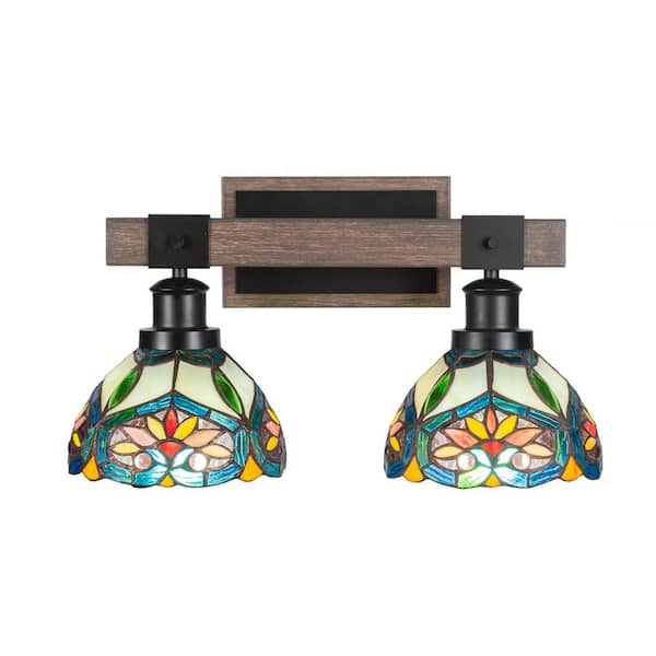 Unbranded Richmond 17.5 in. 2-Light Vanity Light Black/Painted Wood-look Metal with 7 in. Pavo Art Glass Shades no bulbs included