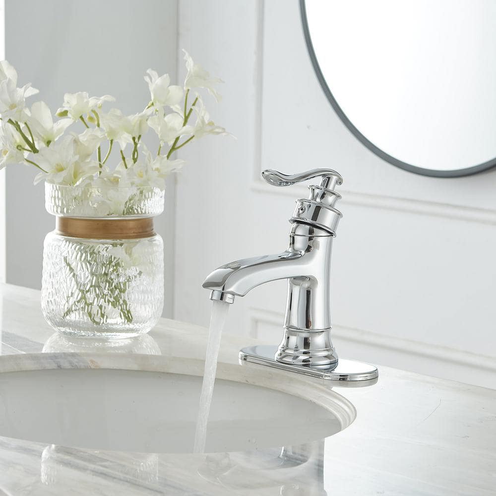 Polished Chrome Single Handle Low-Arc Bathroom Faucet with Drain