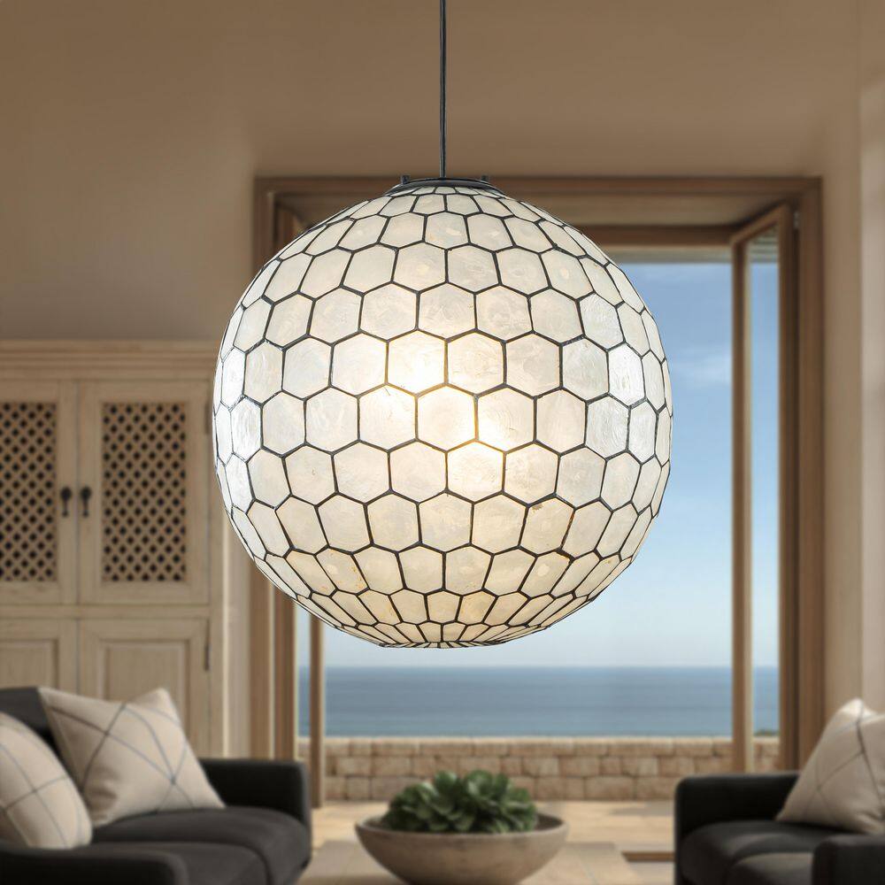 ALOA DECOR 3 Light W18 in. Matte Black Cosatal Natural Capiz Seashell ...