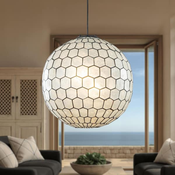 3 Light W18 in. Matte Black Cosatal Natural Capiz Seashell Globe Chandelier Farmhouse Lantern Pendant for Dining Room