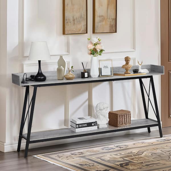 Karl home 70.9 in. Extra Long Gray Rectangle MDF Console Table with 2-Power Outlets and USB Ports, Steel Frame