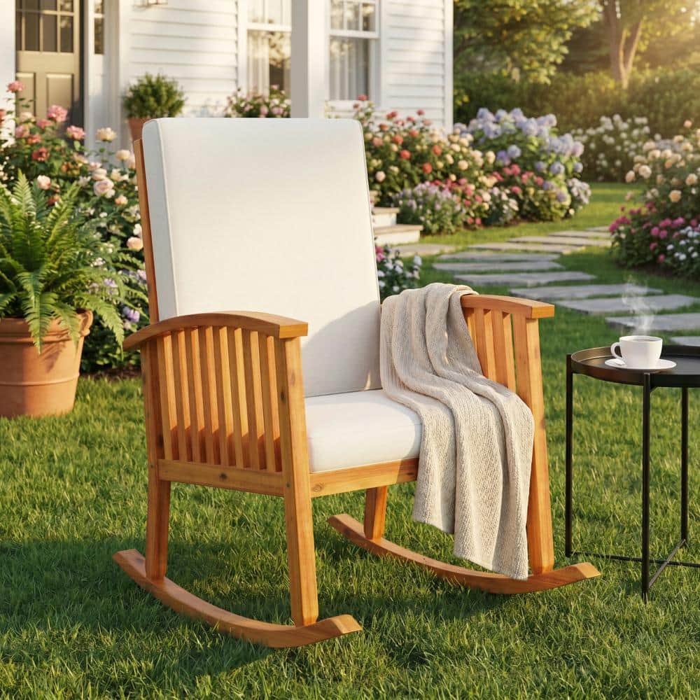 25.51 in. W Brown Acacia Wood Outdoor Rocking Chair with Cushions, Cushions Included price history on PriceWatchPro