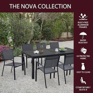 Nova 9-Piece Dining Set w/ Expandable Table, 8 Sling Stackable Chairs, Modern Outdoor, Weather-Resistant Aluminum Frames
