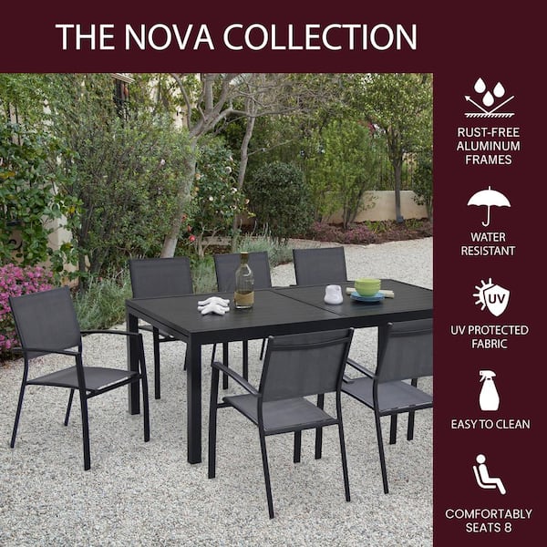 Nova 9-Piece Dining Set w/ Expandable Table, 8 Sling Stackable Chairs, Modern Outdoor, Weather-Resistant Aluminum Frames
