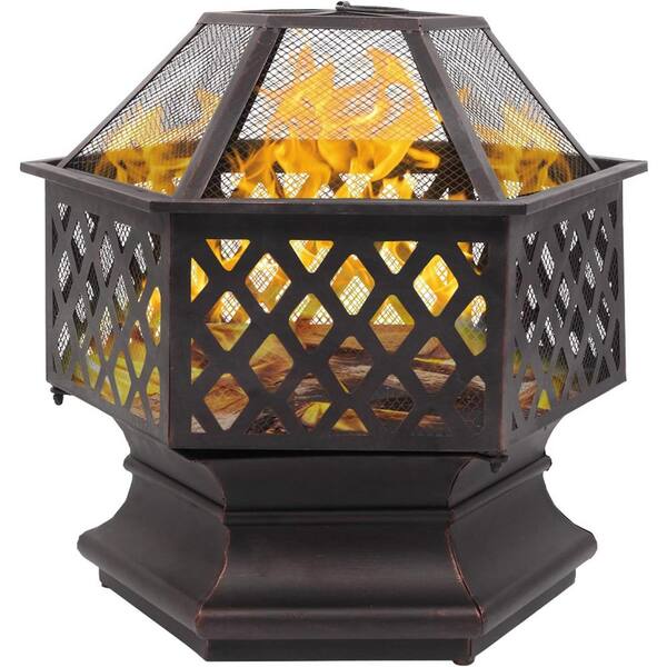 AOPSPS 22 in. Hexagonal Shaped Iron Brazier Wood Burning Fire Pit Decoration for Backyard Poolside