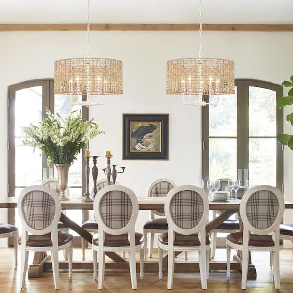 ZJVAIVE 18.89 in. 5-Light White Bohemian Pendant Natural Rattan