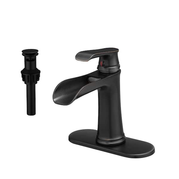 Single Handle Single Hole Waterfall Bathroom Sink Faucet with Deckplate and Pop-up Drain in Oil-Rubbed Bronze