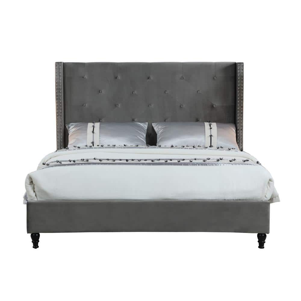 London Gray California King Upholstered Velvet Wingback Platform Bed -  Best Master Furniture, YY129VGCK