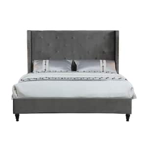 London Grey King Upholstered Velvet Wingback Platform Bed