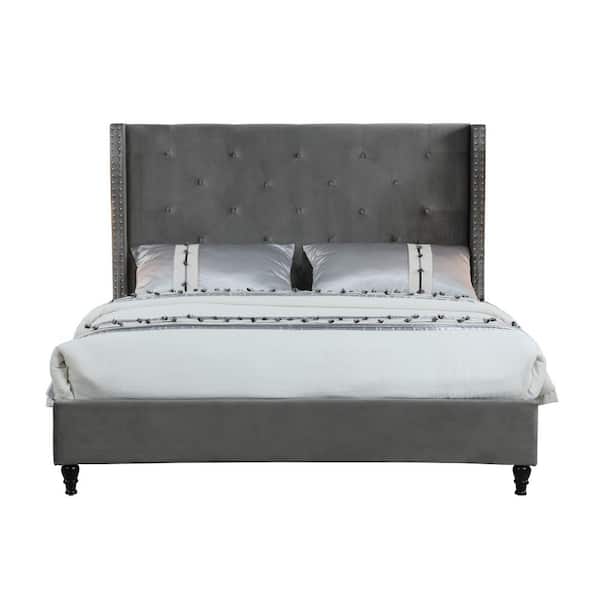 Best Master Furniture London Grey Queen Upholstered Velvet Wingback Platform Bed