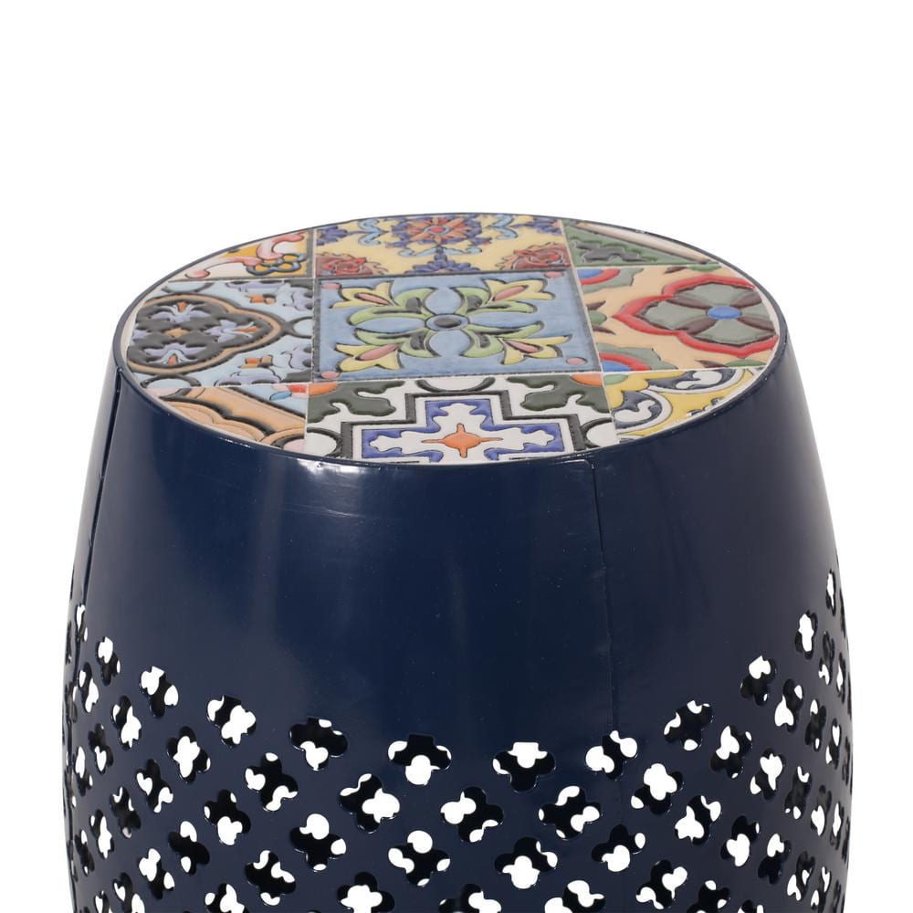 Kalyse Dark Blue Drum Outdoor Side Table with Multicolored Tile Mosaic Top