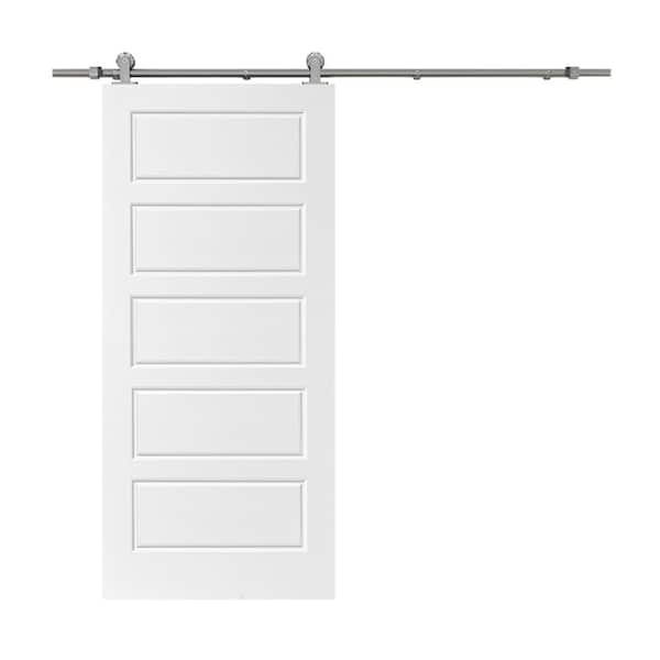 CALHOME 30 in. x 80 in. White Primed Composite MDF 5-Panel Interior Sliding Barn Door with Hardware Kit