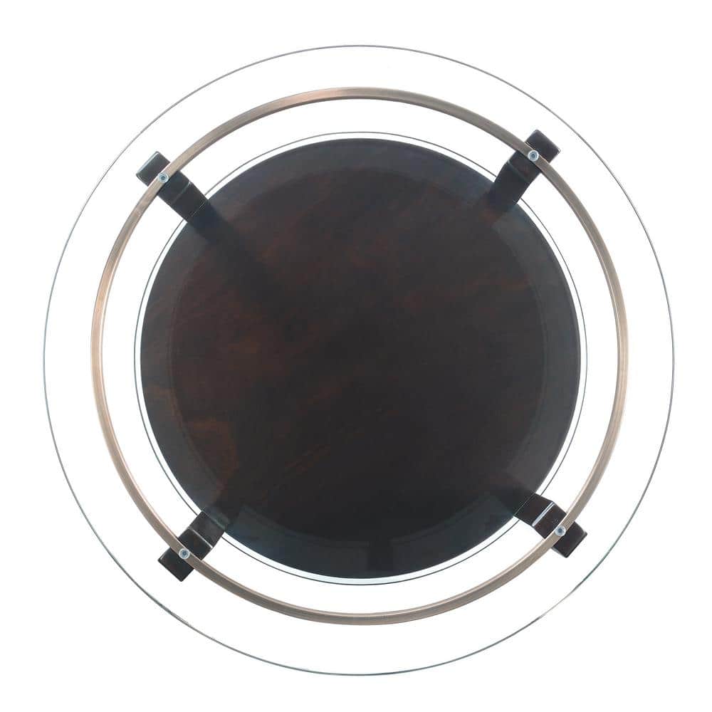 Espresso Round Wood and Glass Coffee Table with Interior Shelf