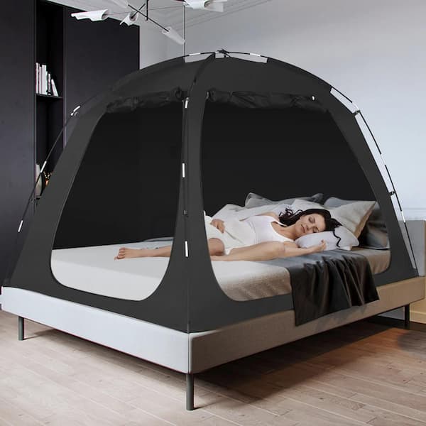 Grey Indoor Pop Up Portable Blackout Bed Canopy Tent, Full, Curtains, Breathable, Reducing Light (Mattress Not Included)
