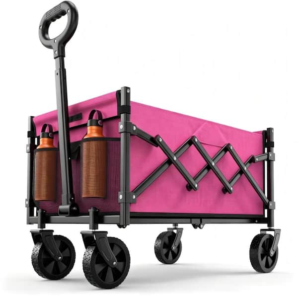 220 lb Foldable Utility Wagon Cart with 360 Degree Wheels, Flexible Handle, Portable Collapsible Design, Pink