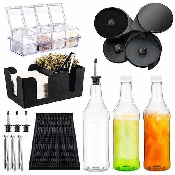 15-Piece Black ABS Plastic Bar Caddy Organizer Set with 3 Long Neck Bottles and 3-Tier Rimmer