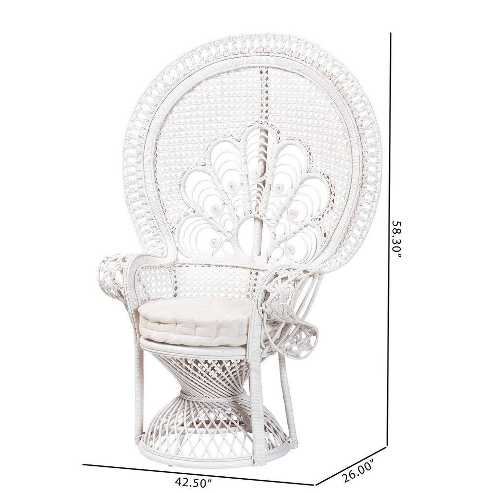 White Handcrafted Rattan Peacock Accent Chair with Upholstered Cushion
