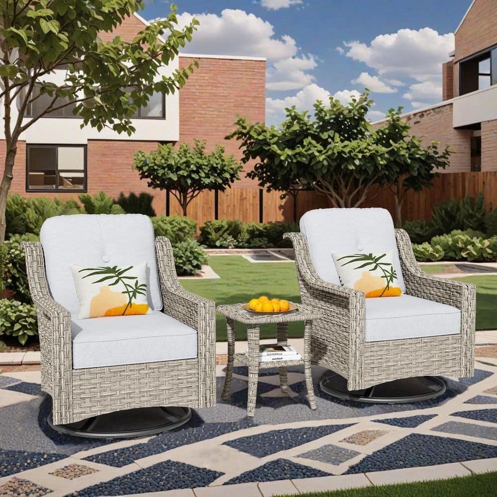 3-Piece Wicker Swivel Outdoor Rocking Chairs Patio Conversation Set with Light Gray Cushions and Side Table price history on PriceWatchPro