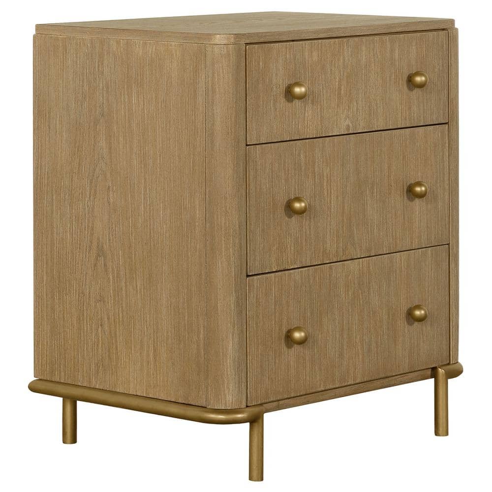 Arini Sand Wash 3-Drawer Nightstand with Brass Knobs