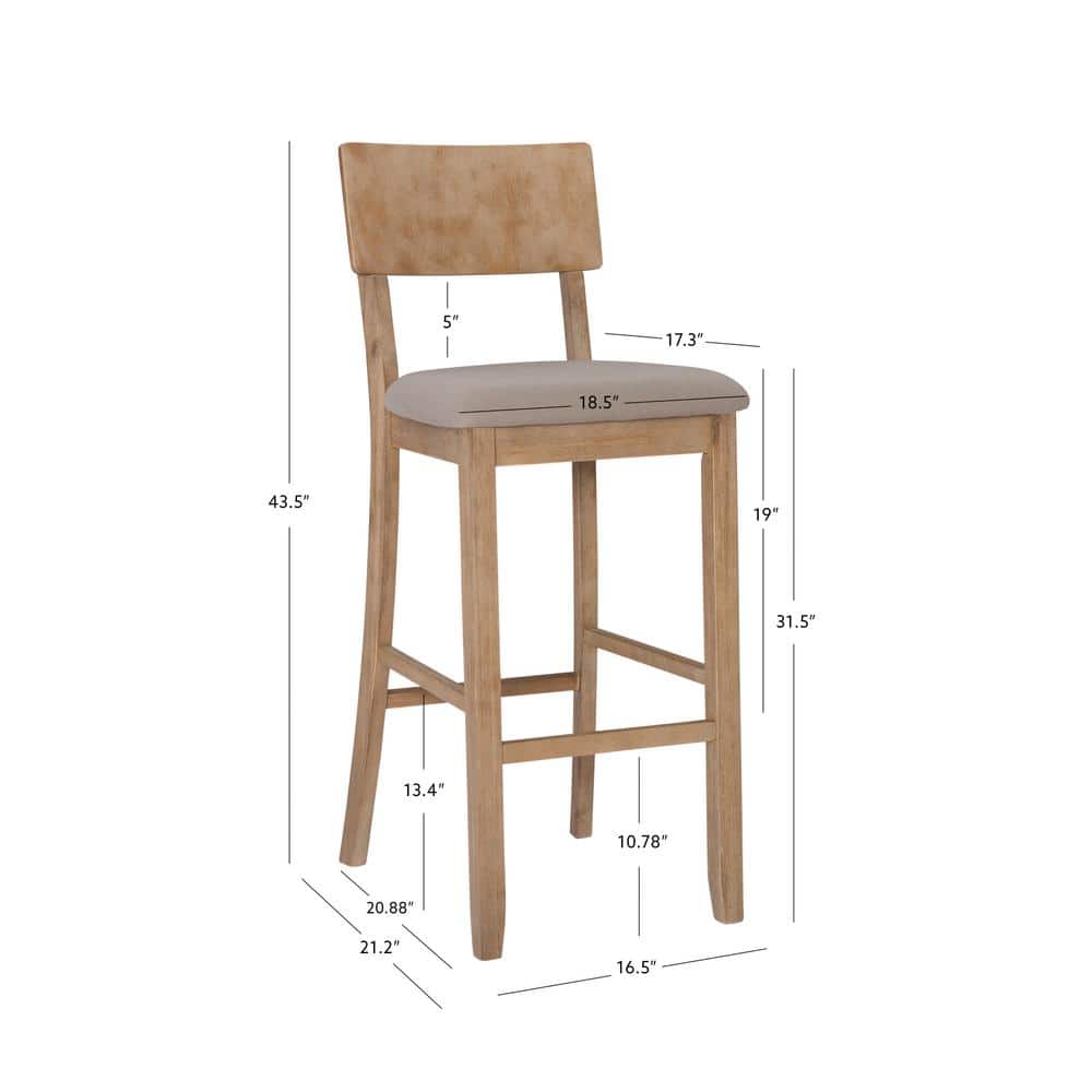 Rustic Gray Wash 46" Acacia Wood Bar Stool with Light Gray Linen Cushion