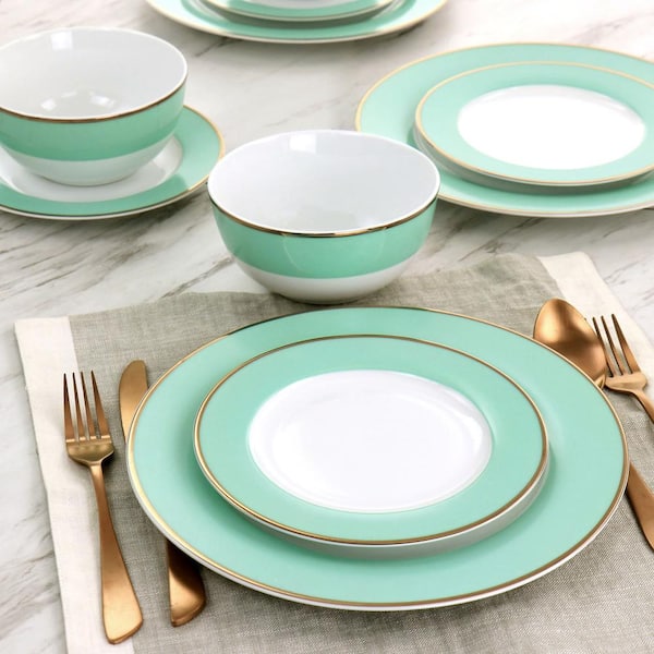 MARTHA STEWART Martha Stewart Gold Rimmed 12 Piece Fine Ceramic Dinnerware Set in Mint Green Service for 4 985118019M The Home Depot