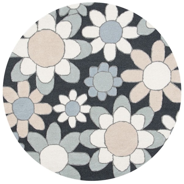 Kids 5 ft. x 5 ft. Charcoal/Ivory Oversized Floral Round Area Rug