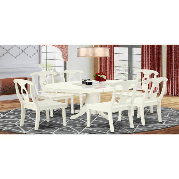 East West Furniture 7-Piece Oval Linen White Finish Solid Wood Top Dining Table with 6 Chairs with Lattice Back