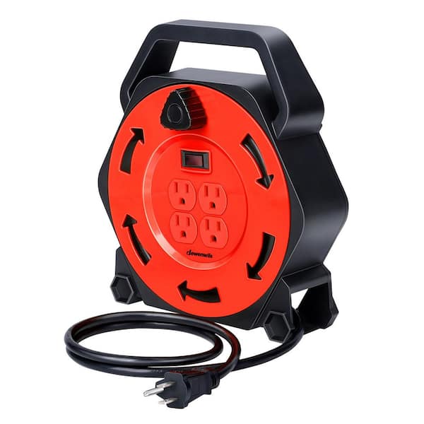 25 ft. 16 / 3 AWG SJTW 13 Amp Hand Wind Retractable Extension Cord Reel with 4 Grounded Outlets Black and Red, UL Listed
