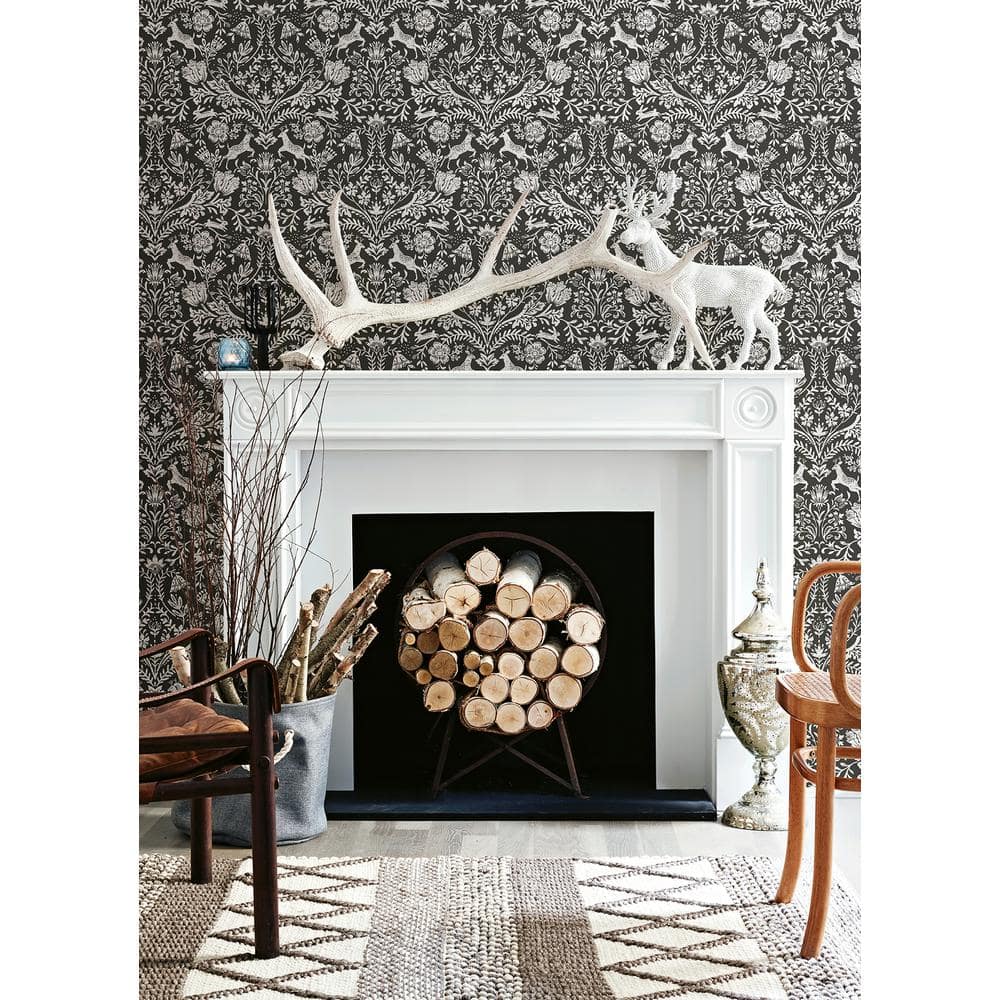 Charcoal and White Damask Forest Dance Wallpaper